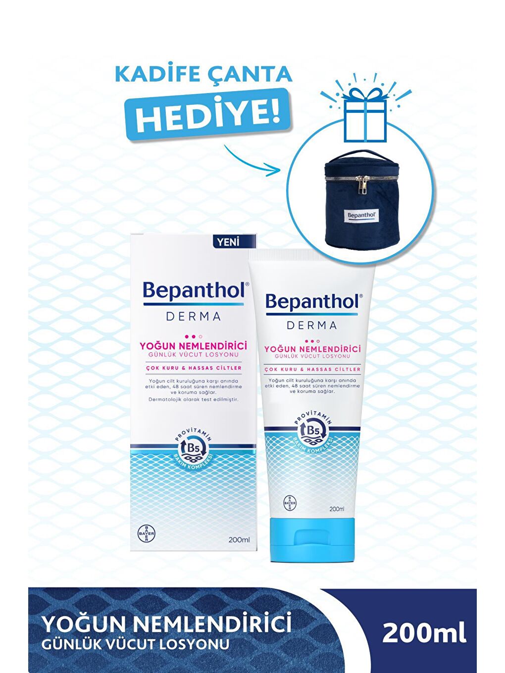 Bepanthol Şeffaf Derma Yoğun Nemlendirici Günlük Vücut Losyonu 200ml + Kadife Çanta