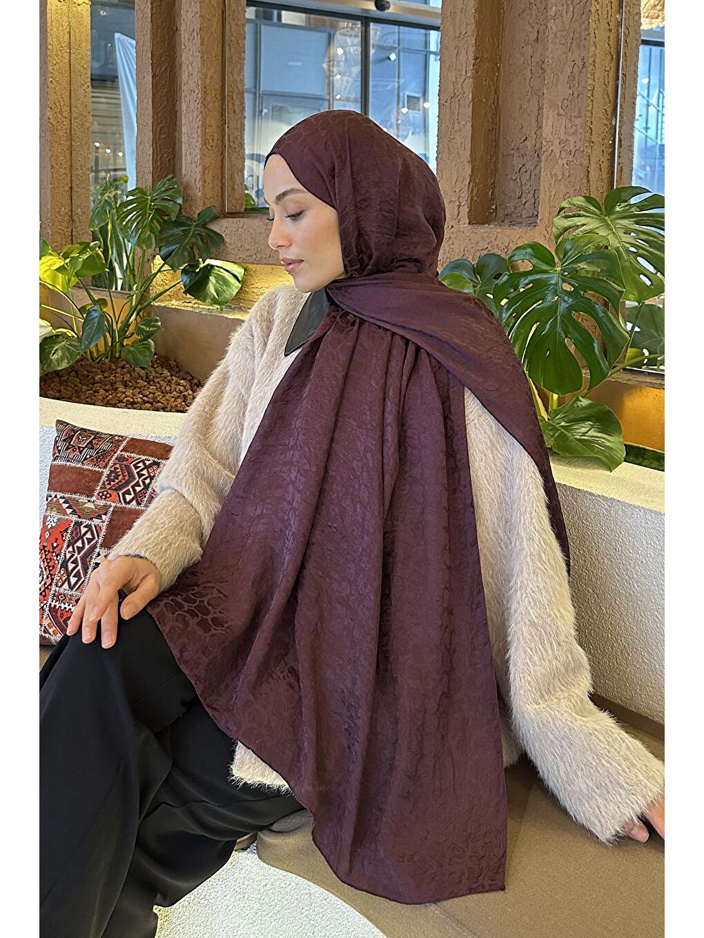 Bloom Desen Ayrobin Floş Jakar Şal Mürdüm-3