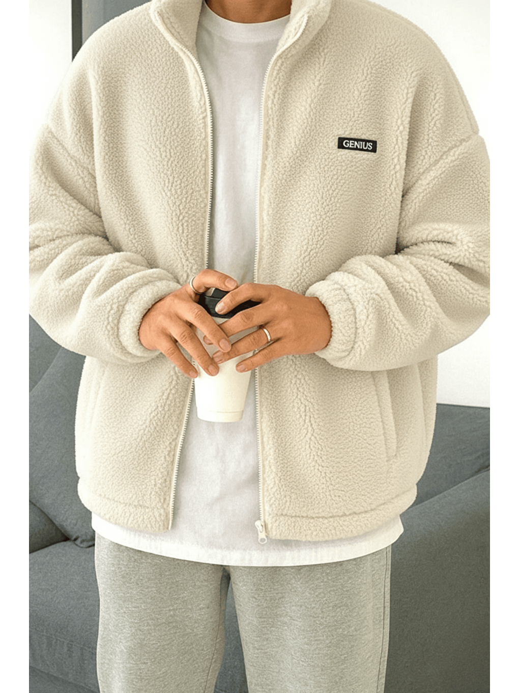 Ekru Oversize Pelüş Tam Fermuarlı Sweatshirt Pelüş İçi Polarlı Sherpa Kumaş Sweatshirt