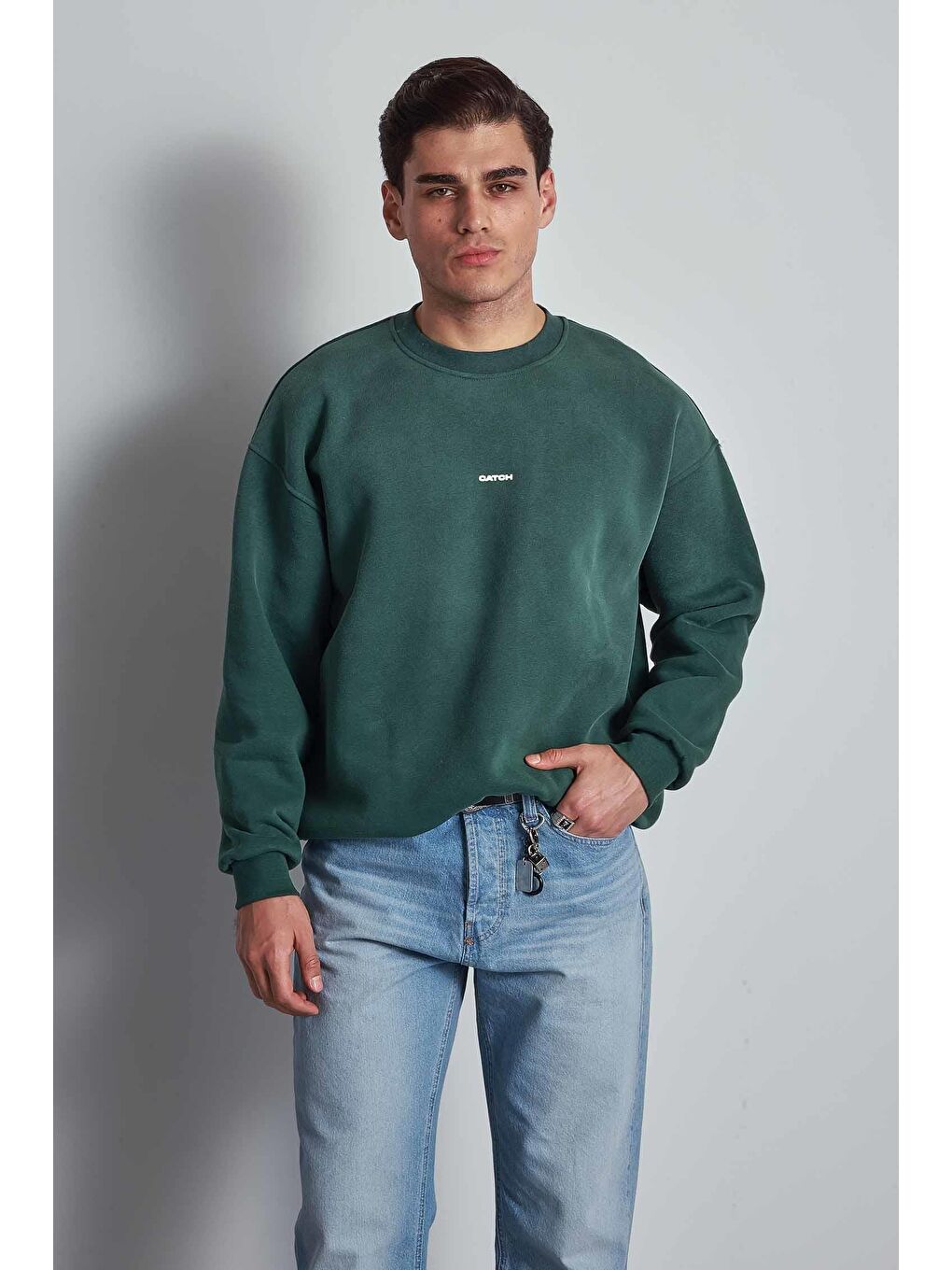 Erkek Rahat Kalıp Baskılı Yuvarlak Yaka Sweatshirt Yeşil