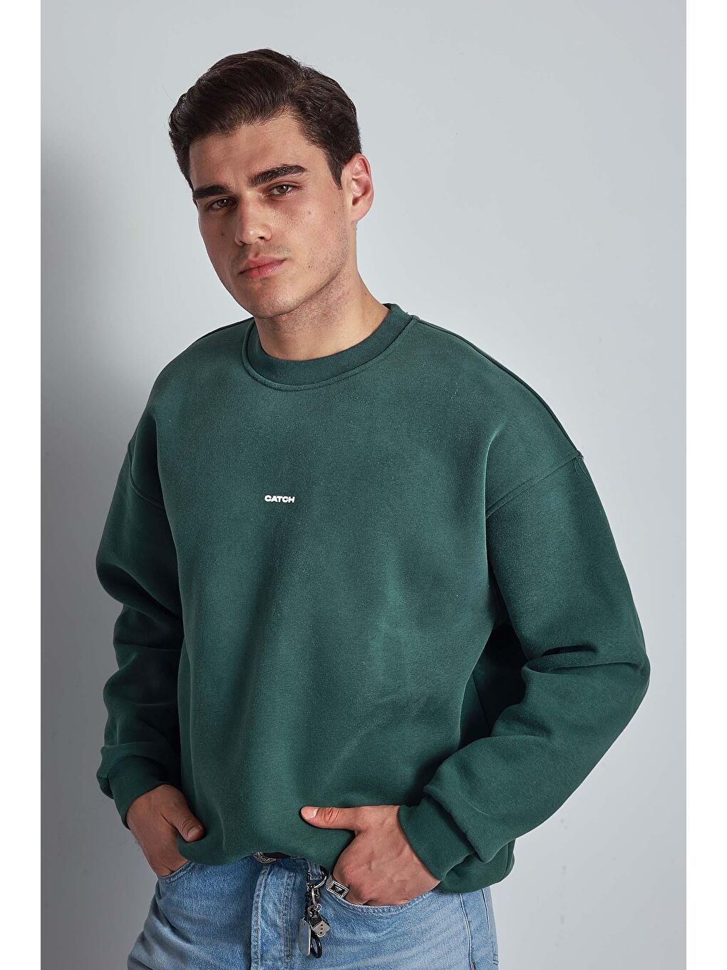 Erkek Rahat Kalıp Baskılı Yuvarlak Yaka Sweatshirt Yeşil-1