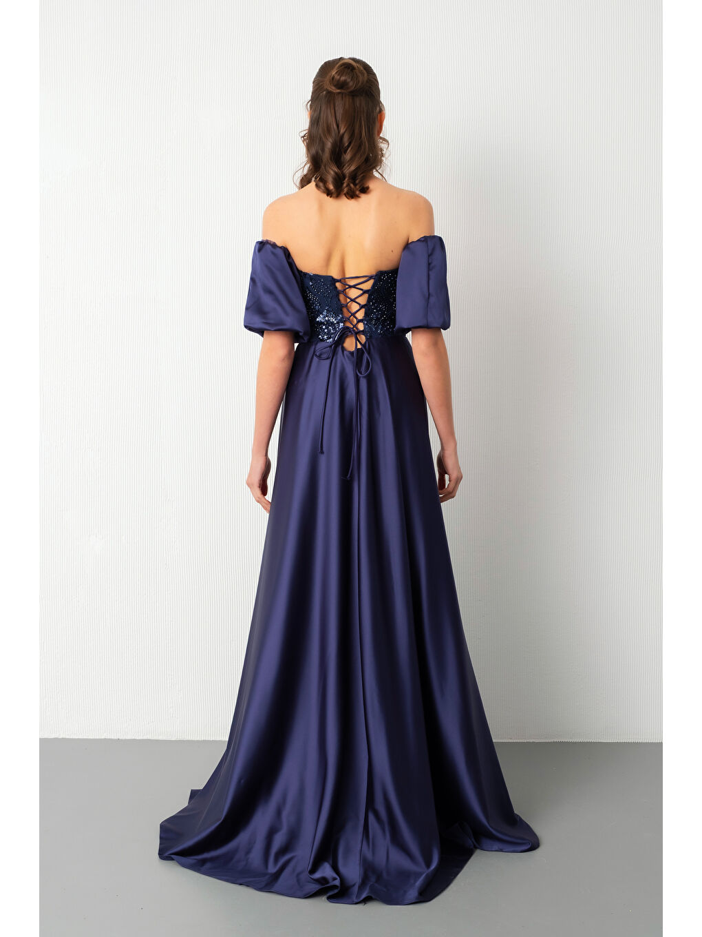 Kadın Lacivert Straplez Balon Kol Taşlı Uzun Abiye Elbise-5