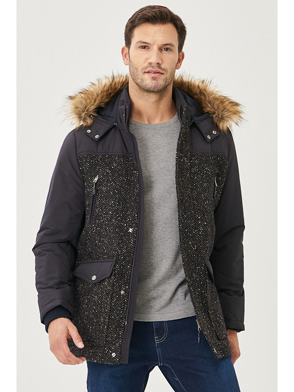 Erkek Lacivert Standart Fit Çıkarılabilir Kürklü Kapüşonlu Desenli Soğuk Geçirmez Yünlü Kaşe Kaban