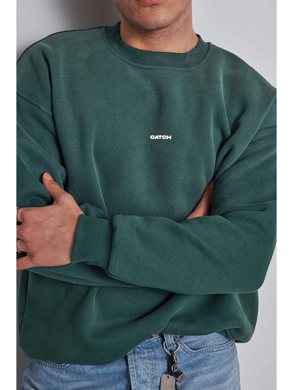 Erkek Rahat Kalıp Baskılı Yuvarlak Yaka Sweatshirt Yeşil-2