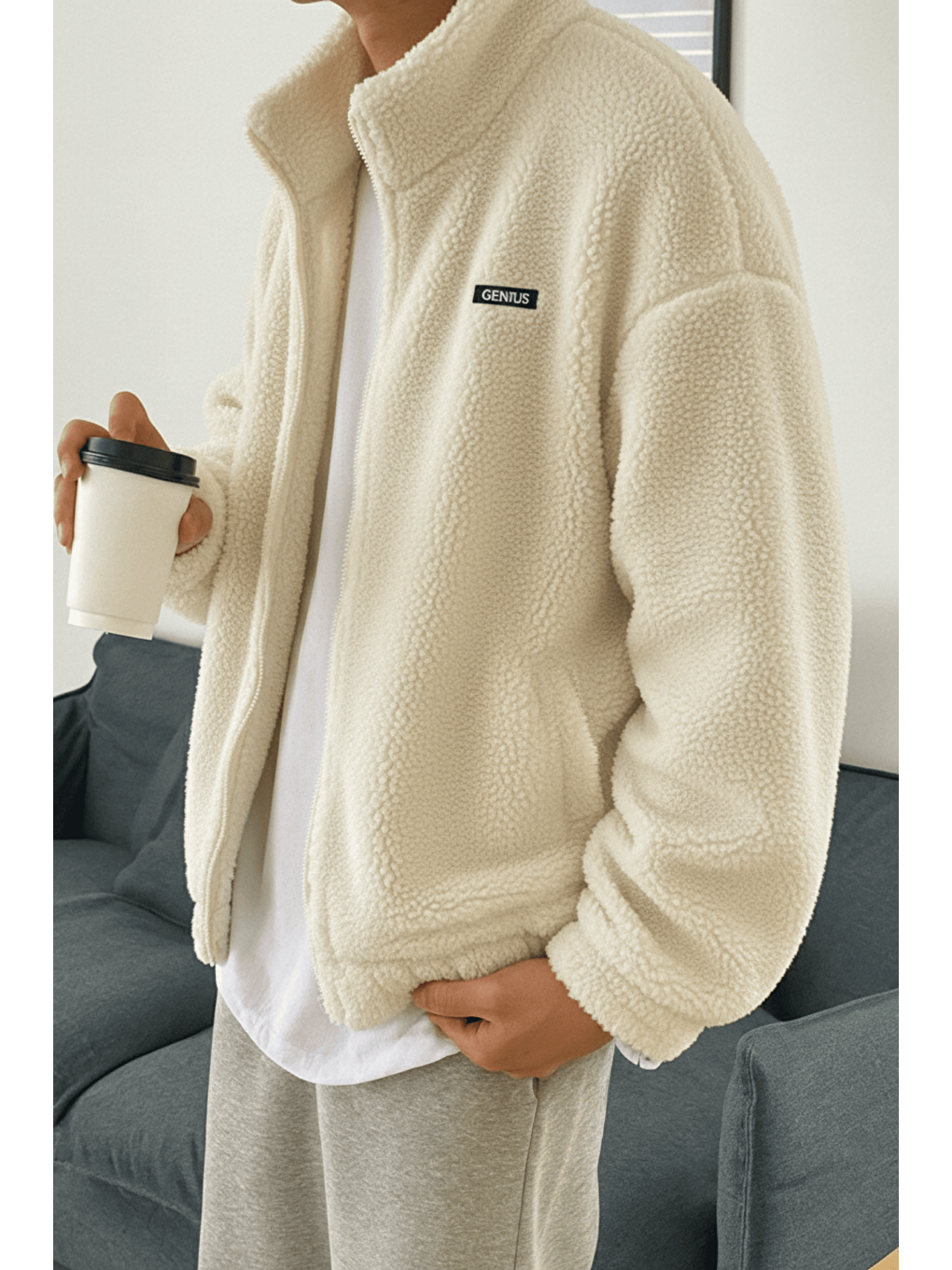 Ekru Oversize Pelüş Tam Fermuarlı Sweatshirt Pelüş İçi Polarlı Sherpa Kumaş Sweatshirt-1