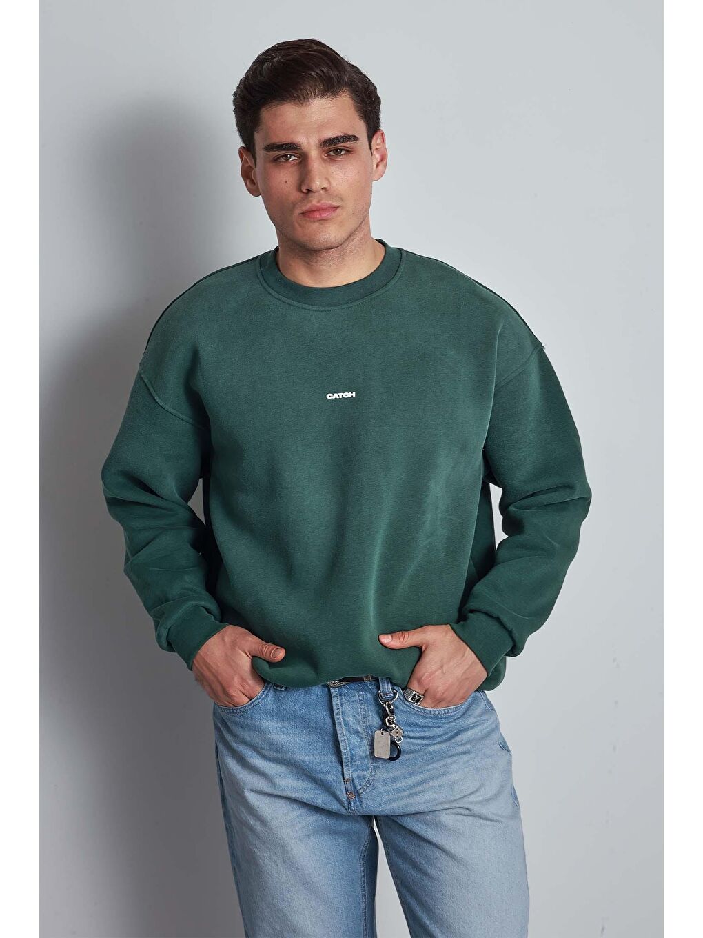Erkek Rahat Kalıp Baskılı Yuvarlak Yaka Sweatshirt Yeşil-3