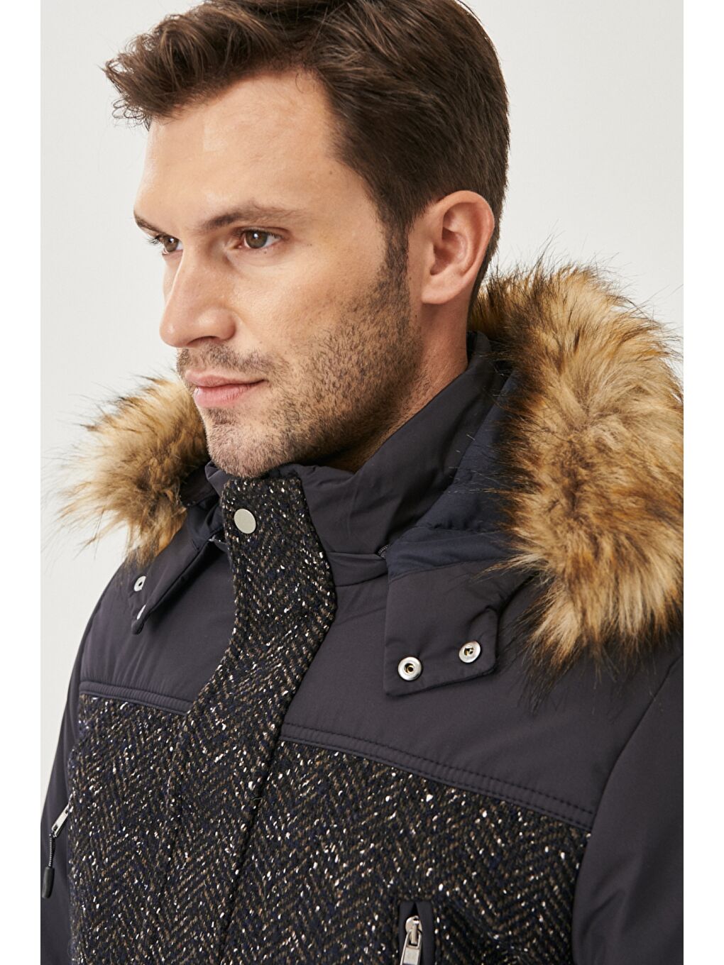 Erkek Lacivert Standart Fit Çıkarılabilir Kürklü Kapüşonlu Desenli Soğuk Geçirmez Yünlü Kaşe Kaban-2