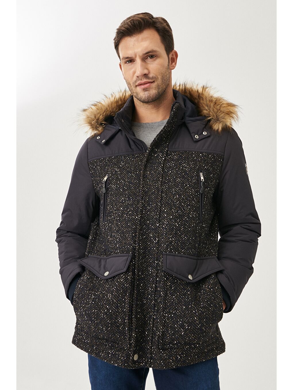 Erkek Lacivert Standart Fit Çıkarılabilir Kürklü Kapüşonlu Desenli Soğuk Geçirmez Yünlü Kaşe Kaban-3