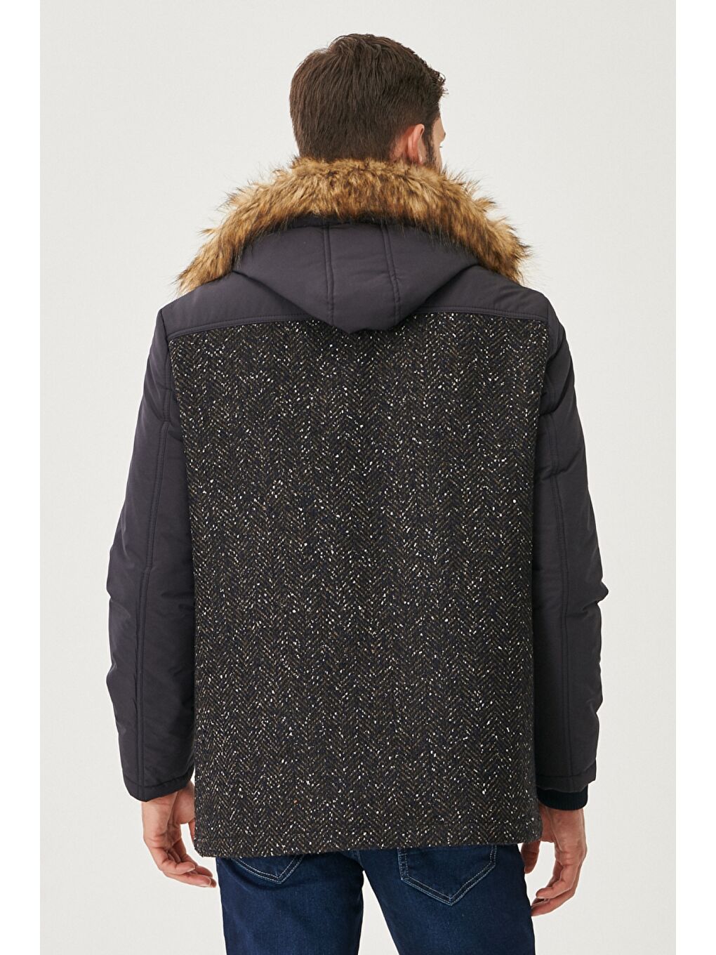 Erkek Lacivert Standart Fit Çıkarılabilir Kürklü Kapüşonlu Desenli Soğuk Geçirmez Yünlü Kaşe Kaban-4