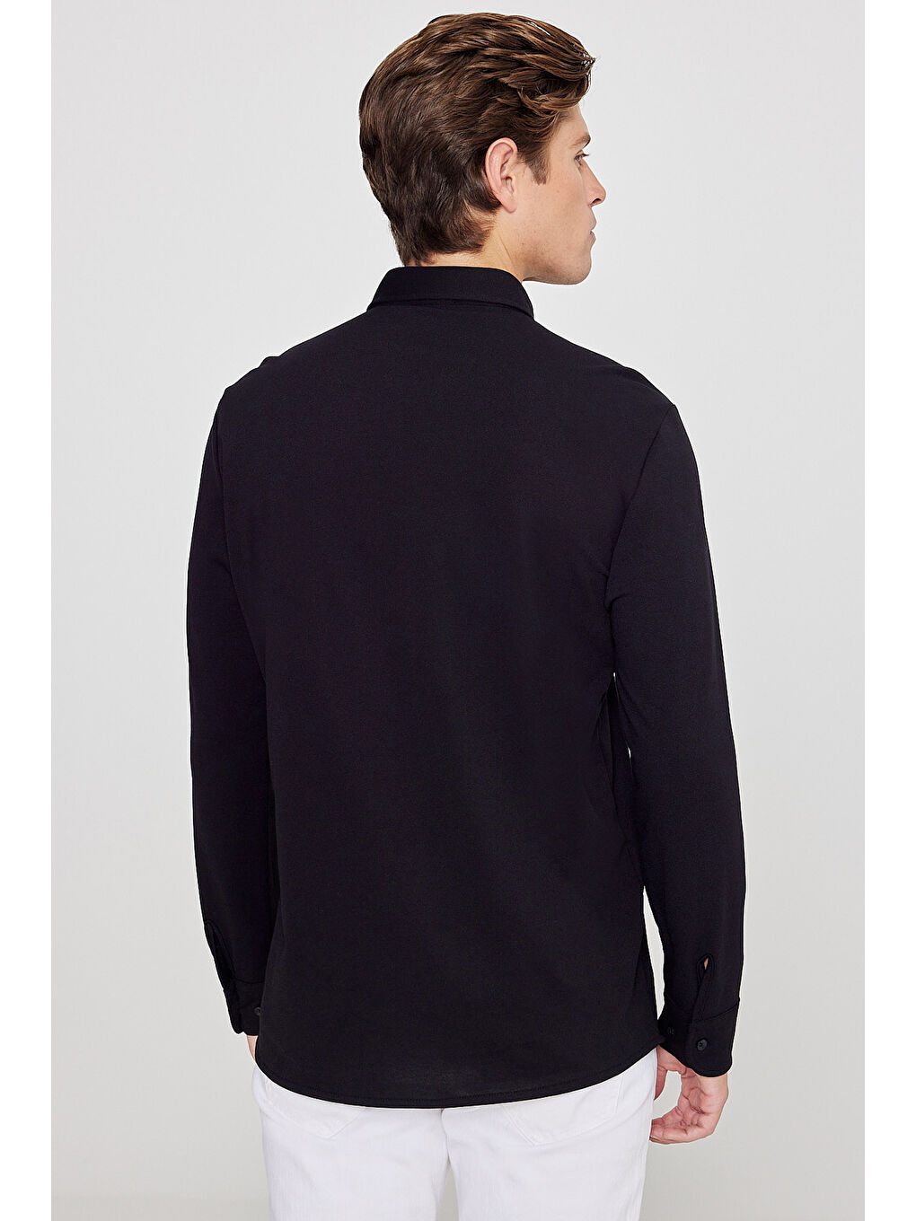 Erkek Siyah Pamuklu Tailored Slim Fit Dar Kesim Düğmeli Yaka Örme Gömlek-4
