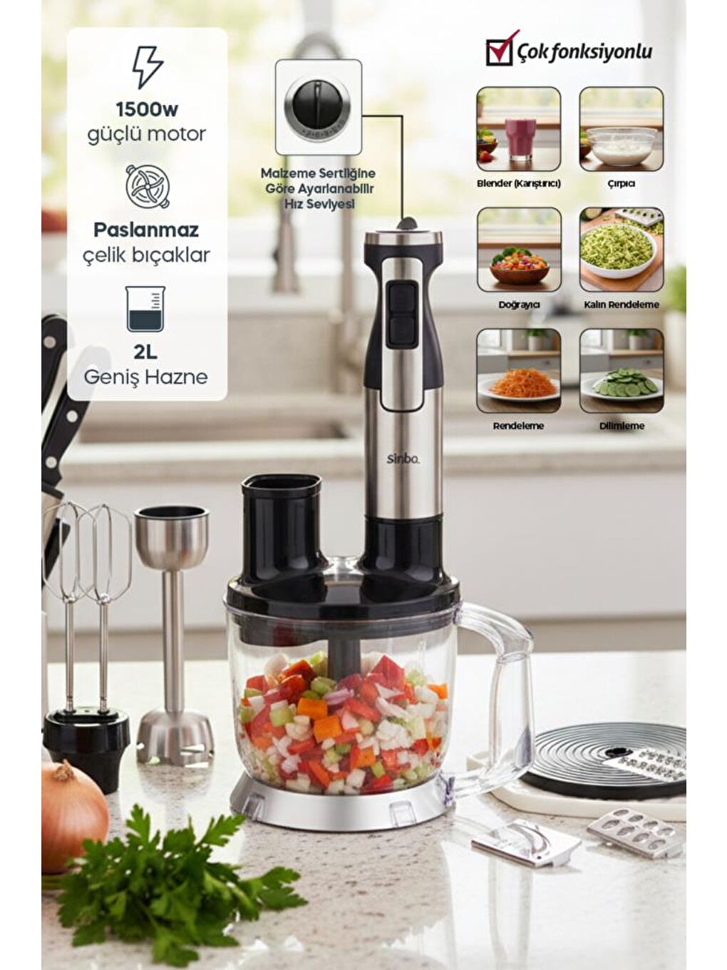 SHB-7531 Çok Fonksiyonlu El Blender Seti | Doğrayıcı, Çırpıcı ve Rende Aparatlı