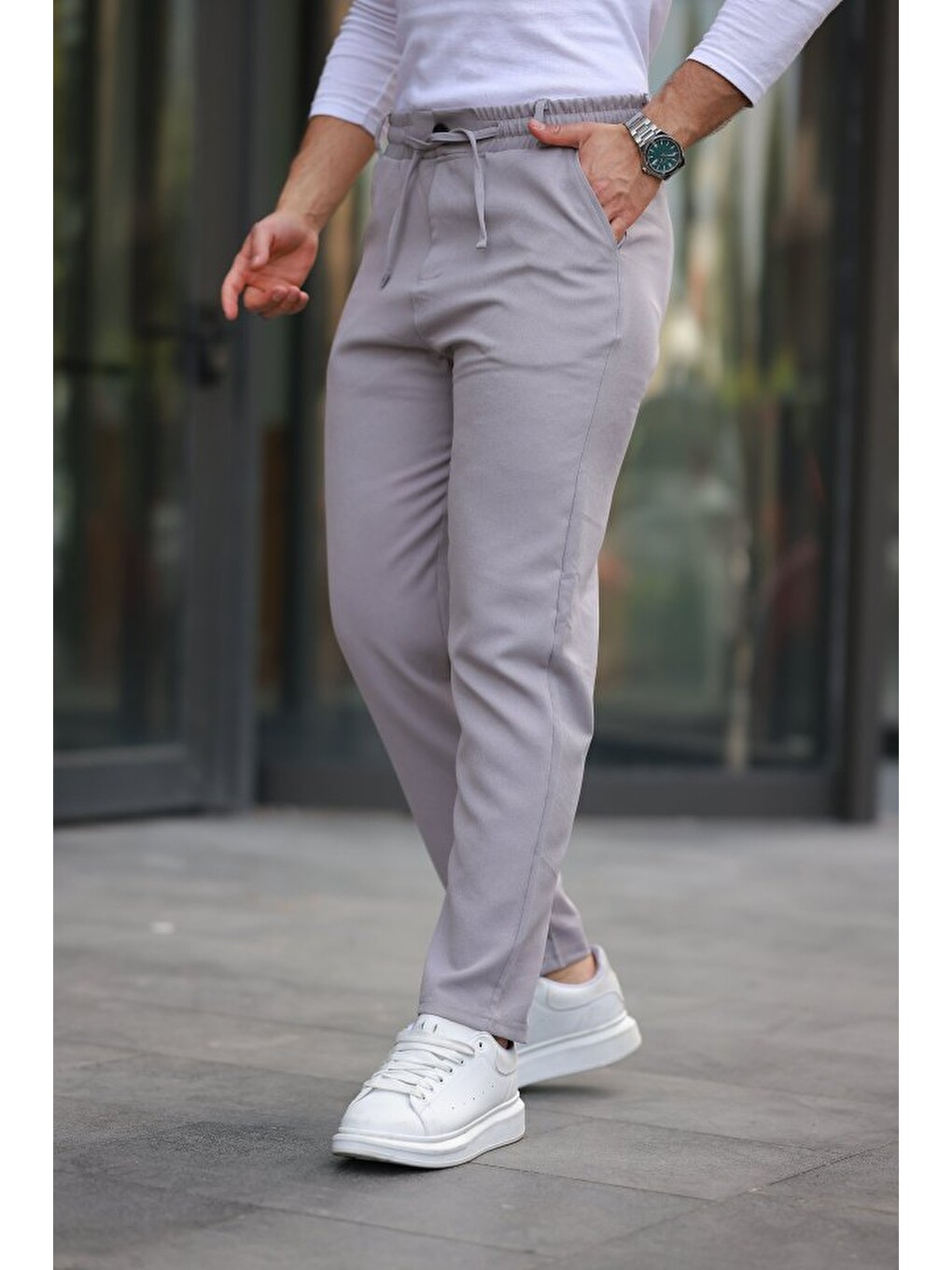 Gri Erkek Beli Bağcıklı Jogger Pantolon