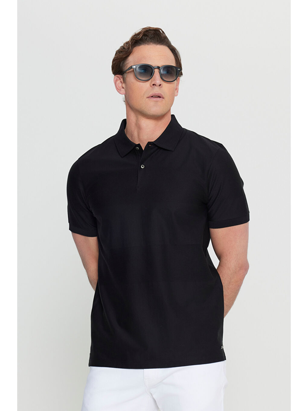 Erkek Siyah %100 Pamuk Slim Fit Dar Kesim Polo Yaka Jakarlı Triko Tişört-2