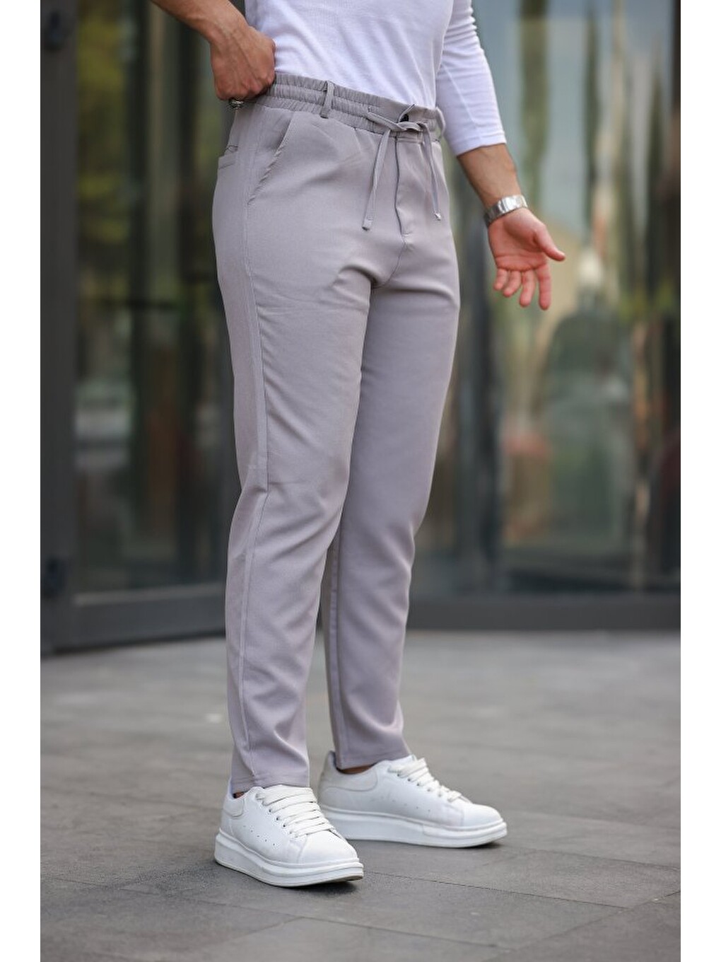 Gri Erkek Beli Bağcıklı Jogger Pantolon-2