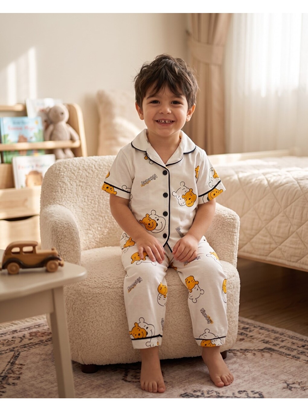 Ekru Erkek Çocuk Yazlık Pooh Baskılı Pijama Takımı R2706-1