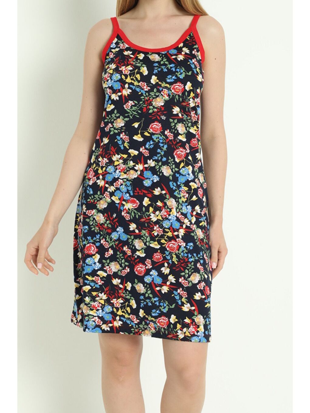 Lacivert Kadın Desenli Askılı %100 Pamuk Elbise-1