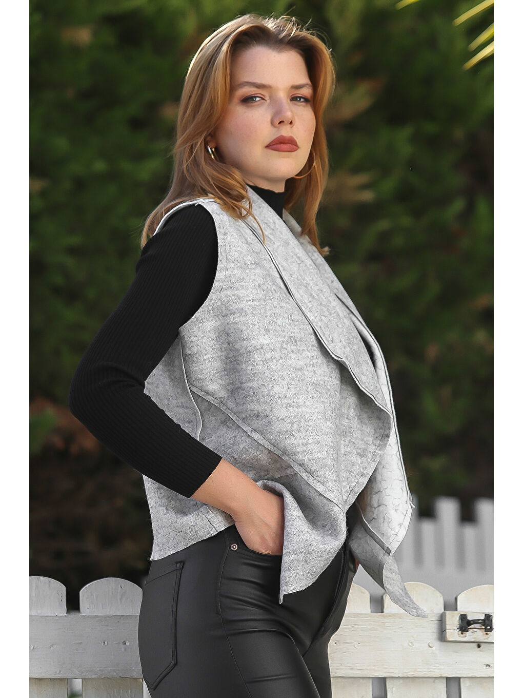 Gri Melanj Şal Yaka Kolsuz Kapamasız Casual Keçe Kumaş Dokuma Yelek 65 60-2