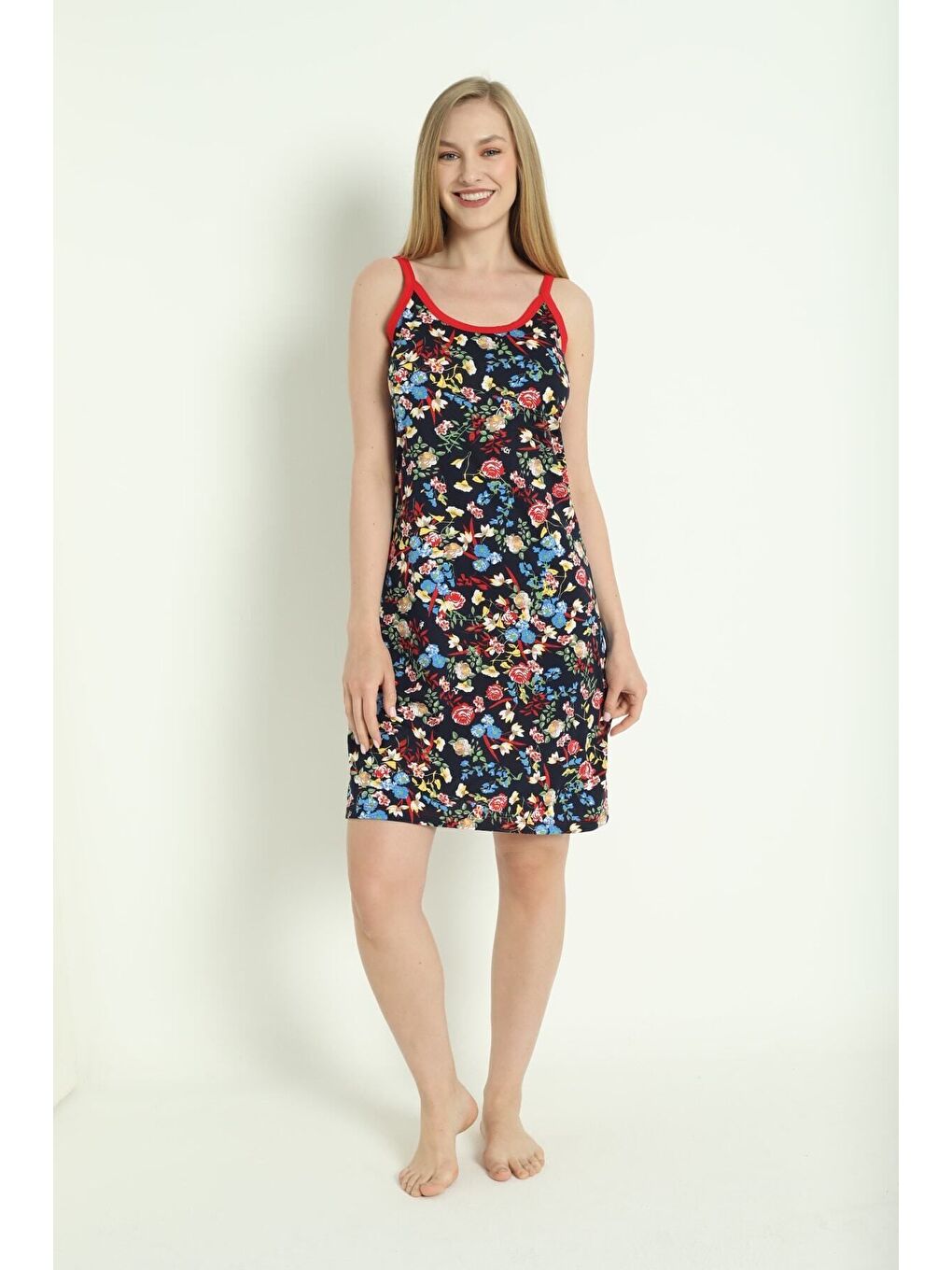 Lacivert Kadın Desenli Askılı %100 Pamuk Elbise-2