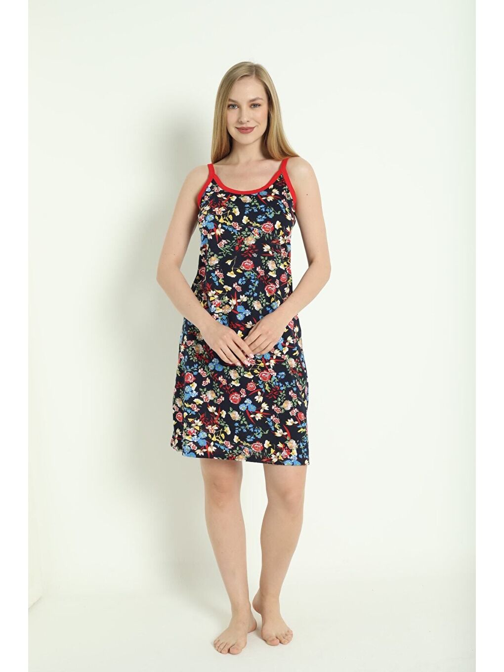 Lacivert Kadın Desenli Askılı %100 Pamuk Elbise-3