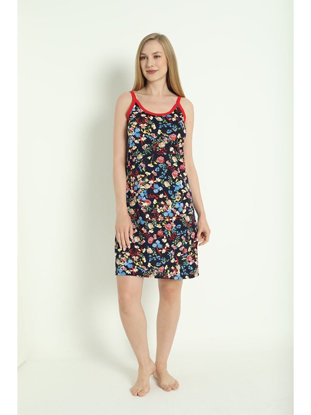 Lacivert Kadın Desenli Askılı %100 Pamuk Elbise-4