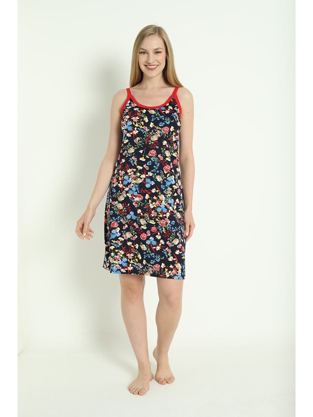 Lacivert Kadın Desenli Askılı %100 Pamuk Elbise-5