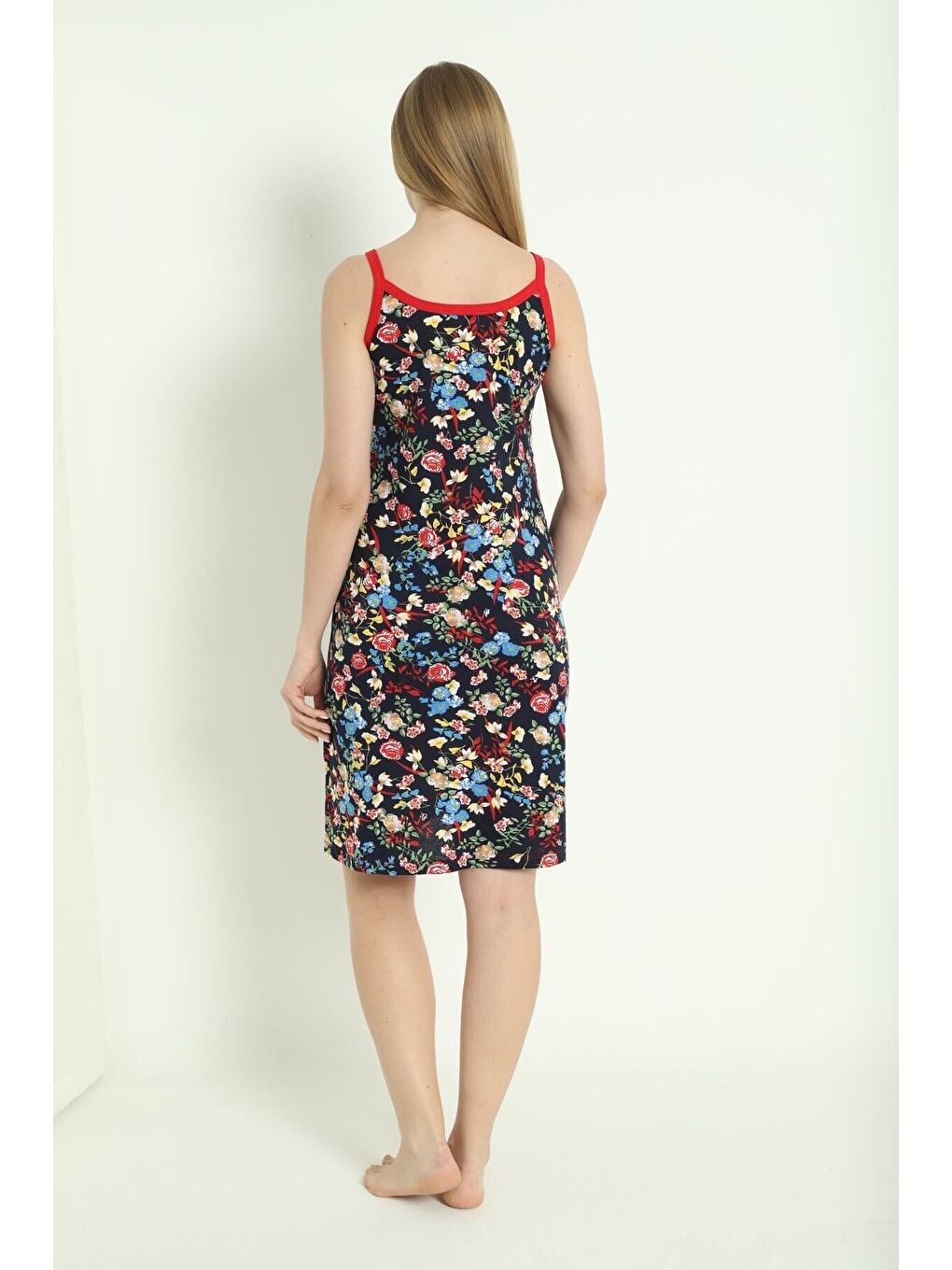 Lacivert Kadın Desenli Askılı %100 Pamuk Elbise-6