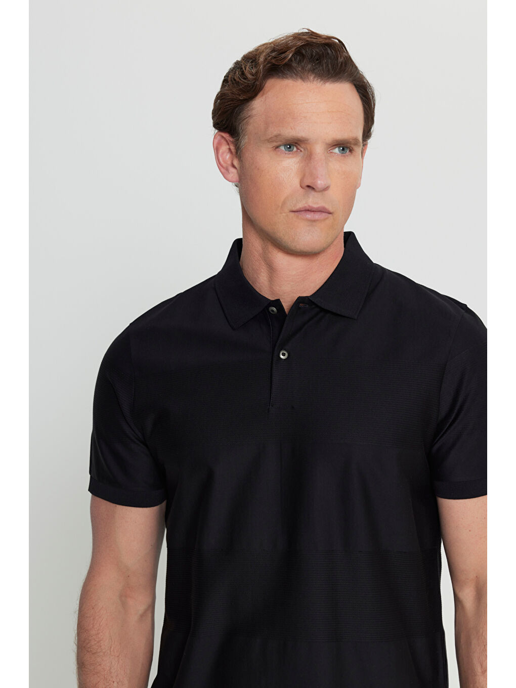 Erkek Siyah %100 Pamuk Slim Fit Dar Kesim Polo Yaka Jakarlı Triko Tişört-3