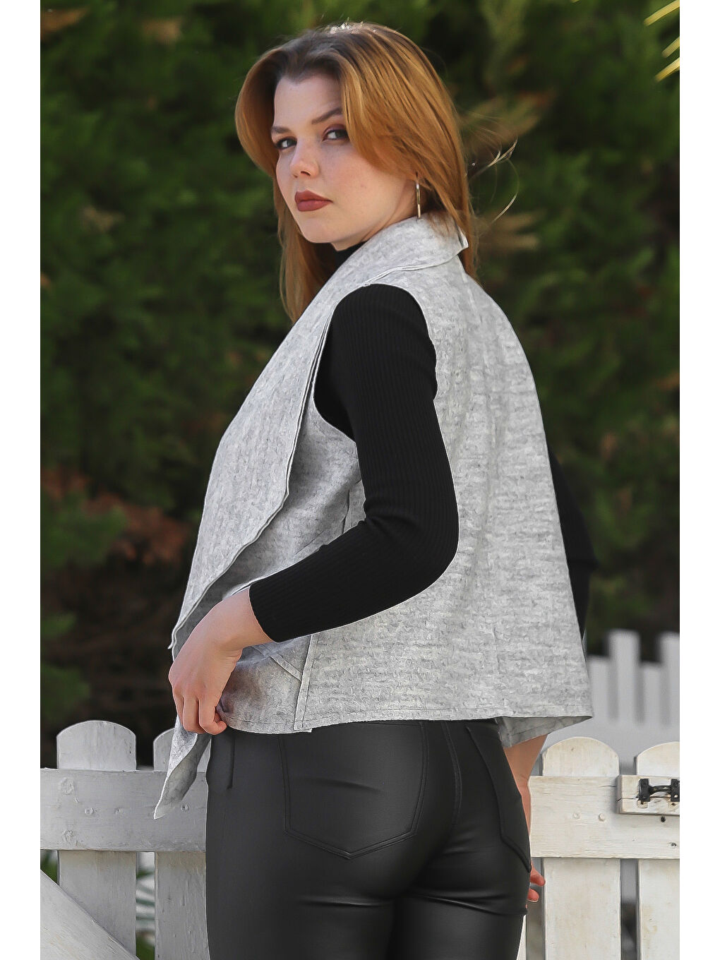 Gri Melanj Şal Yaka Kolsuz Kapamasız Casual Keçe Kumaş Dokuma Yelek 65 60-4