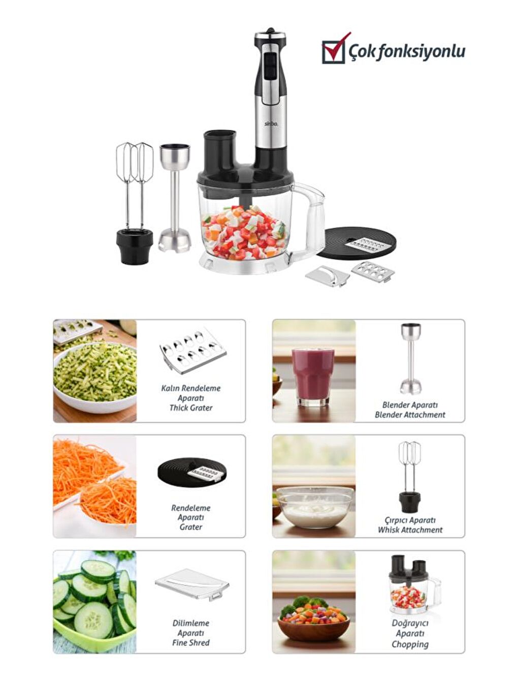 SHB-7531 Çok Fonksiyonlu El Blender Seti | Doğrayıcı, Çırpıcı ve Rende Aparatlı-5