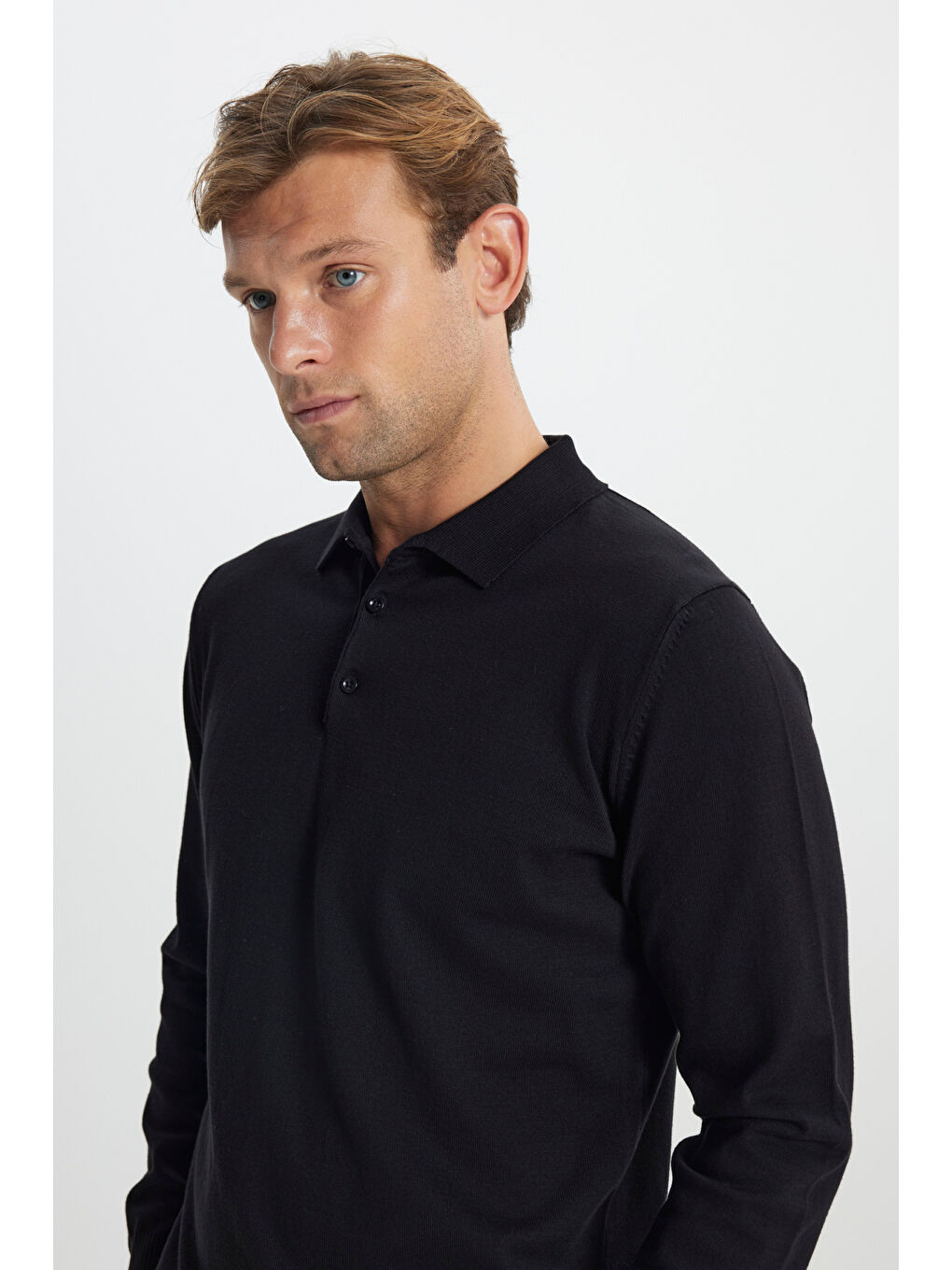 Erkek Siyah Pamuklu Standart Fit Normal Kesim Polo Yaka Triko Kazak-3