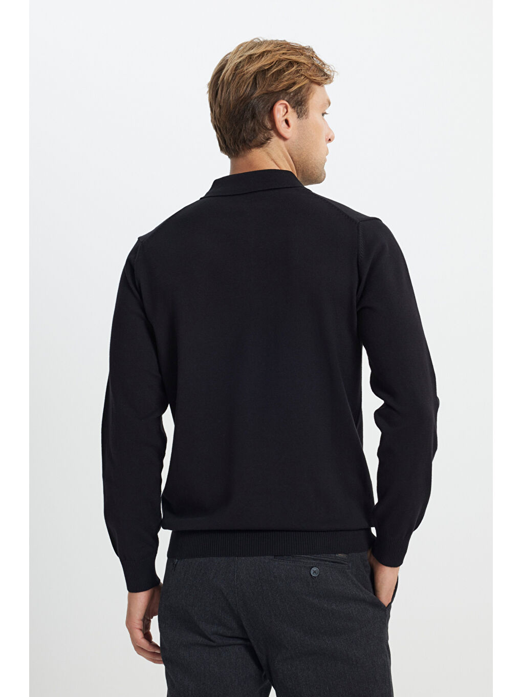 Erkek Siyah Pamuklu Standart Fit Normal Kesim Polo Yaka Triko Kazak-4