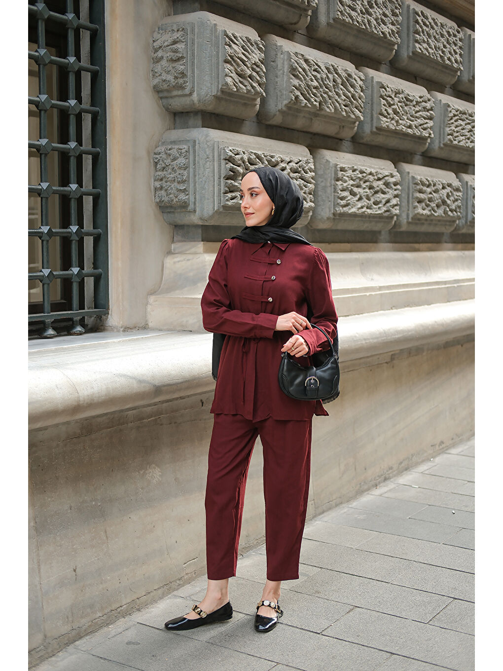 Kadın Düğme Detay Takım Bordo