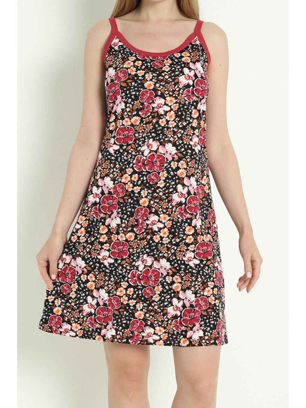 Siyah Kadın Desenli Askılı %100 Pamuk Elbise-1