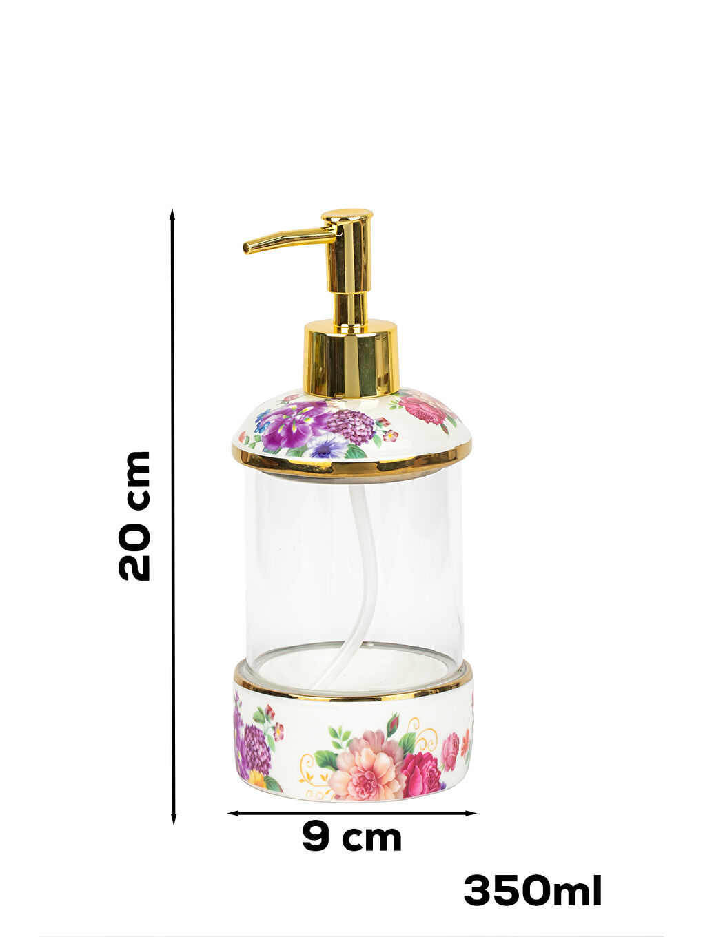 Karışık 3127 Gold Kapaklı Porselen ve Cam Sıvı Sabunluk – Çiçek Desenli ve Şeffaf Tasarım 350 ml-1