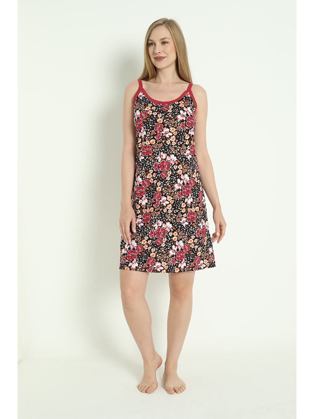 Siyah Kadın Desenli Askılı %100 Pamuk Elbise-2