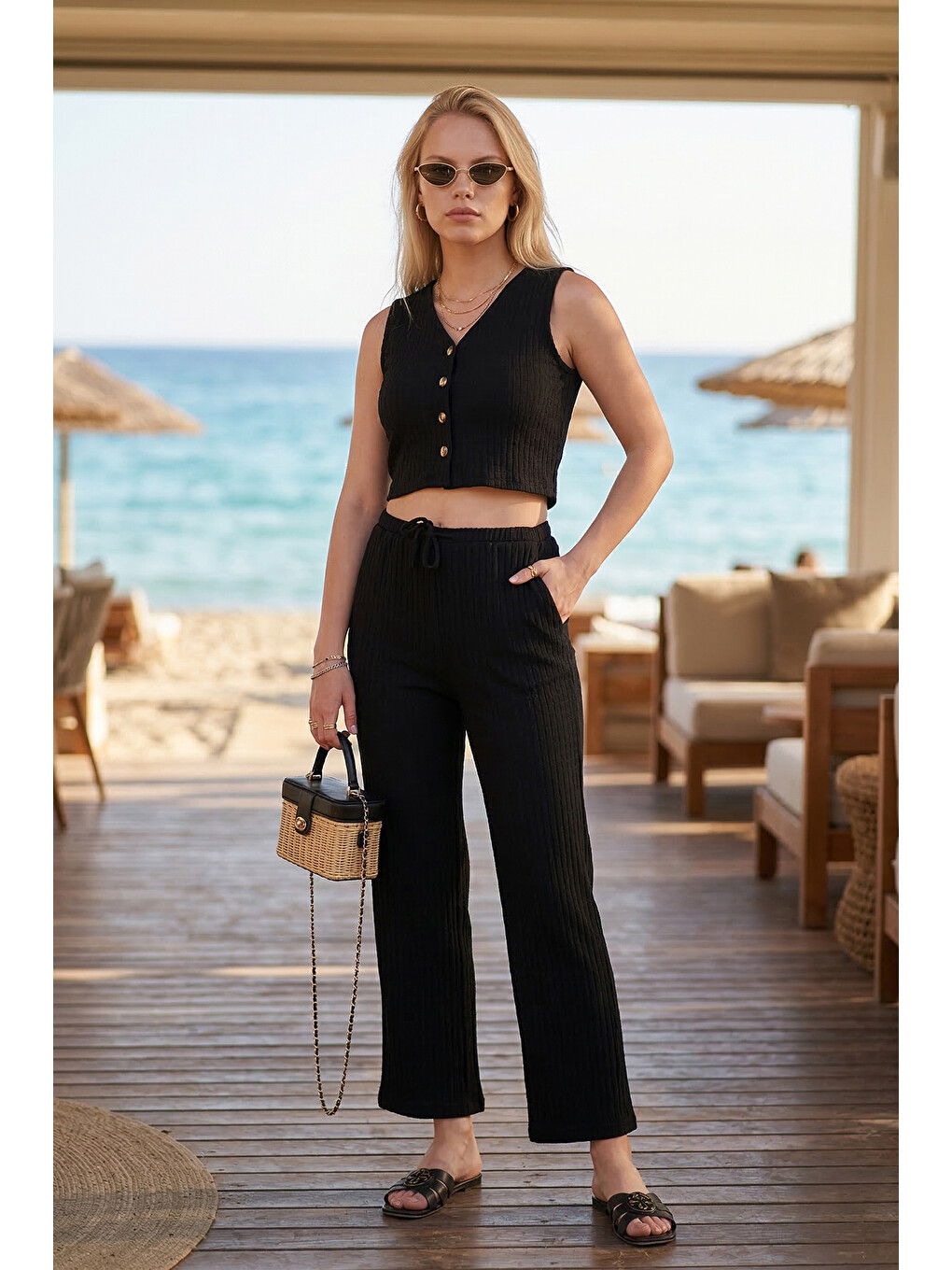 Siyah Regular Fit V Yaka Yelek-pantolon Gofre Takım 5866484