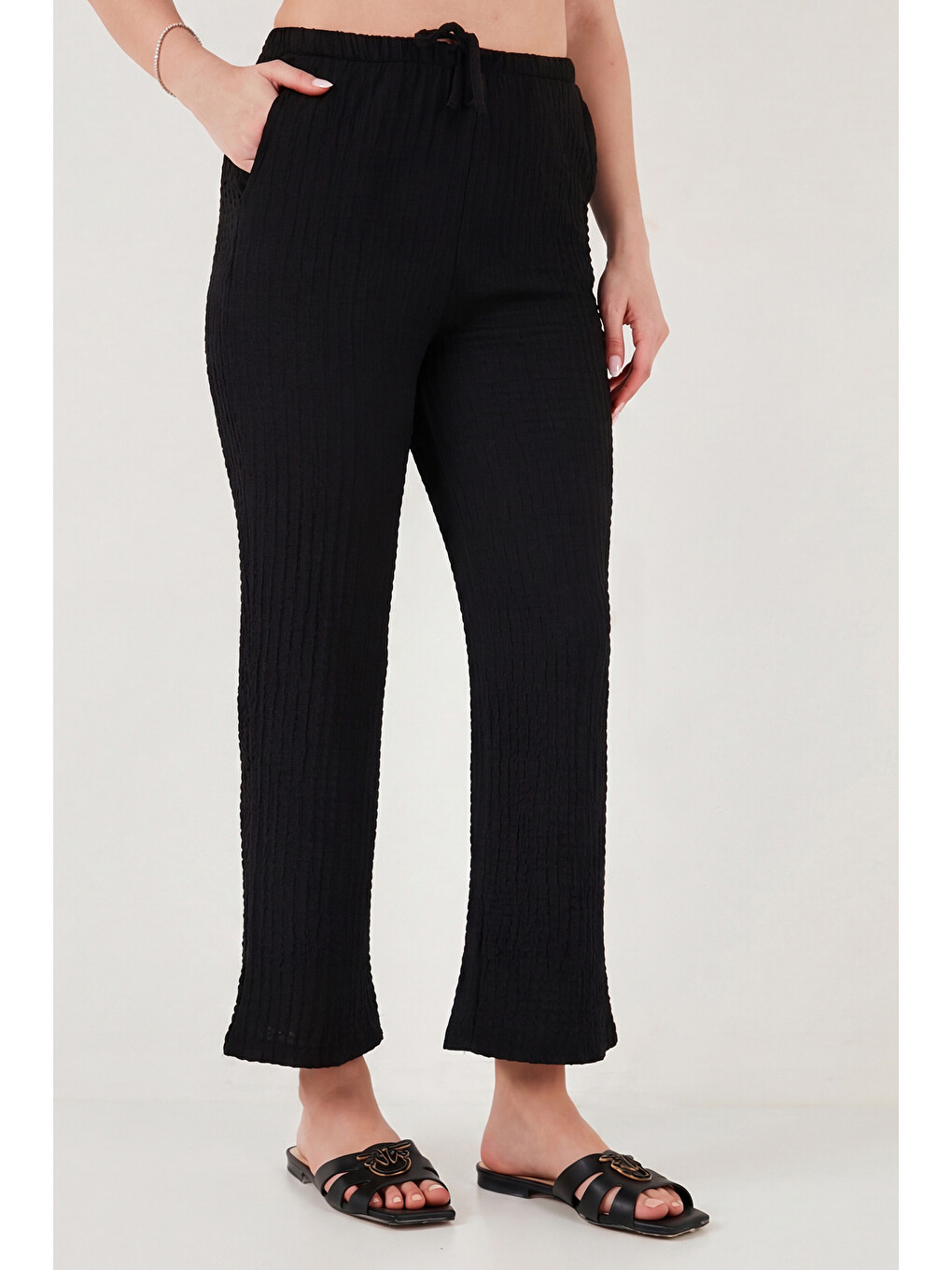 Siyah Regular Fit V Yaka Yelek-pantolon Gofre Takım 5866484-3