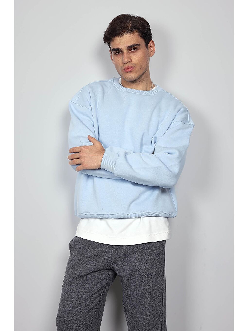 Erkek Oversize Bisiklet Yaka Basic Sweatshirt Açık Mavi-1