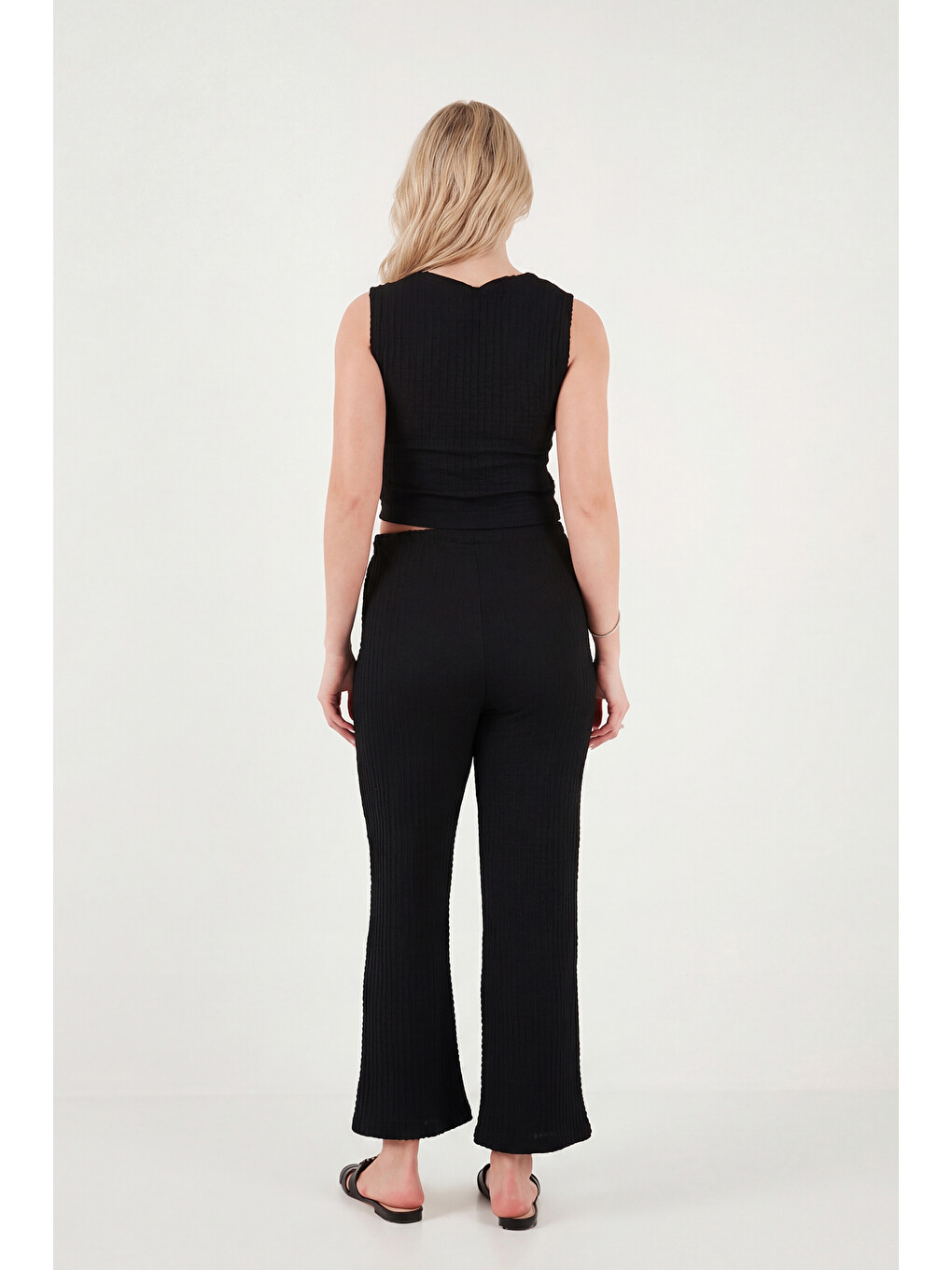 Siyah Regular Fit V Yaka Yelek-pantolon Gofre Takım 5866484-4