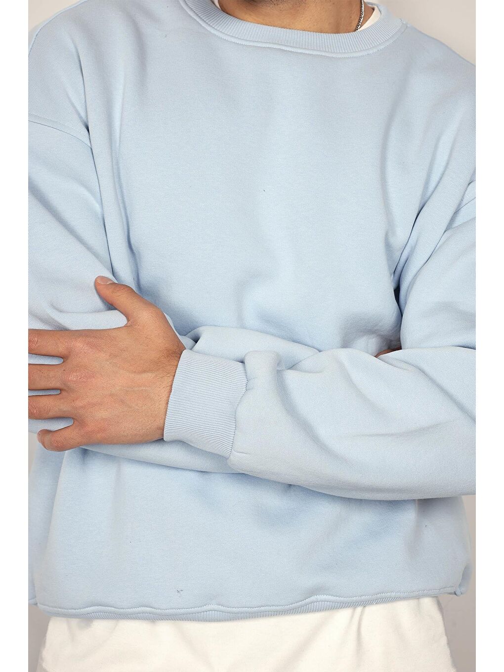 Erkek Oversize Bisiklet Yaka Basic Sweatshirt Açık Mavi-2