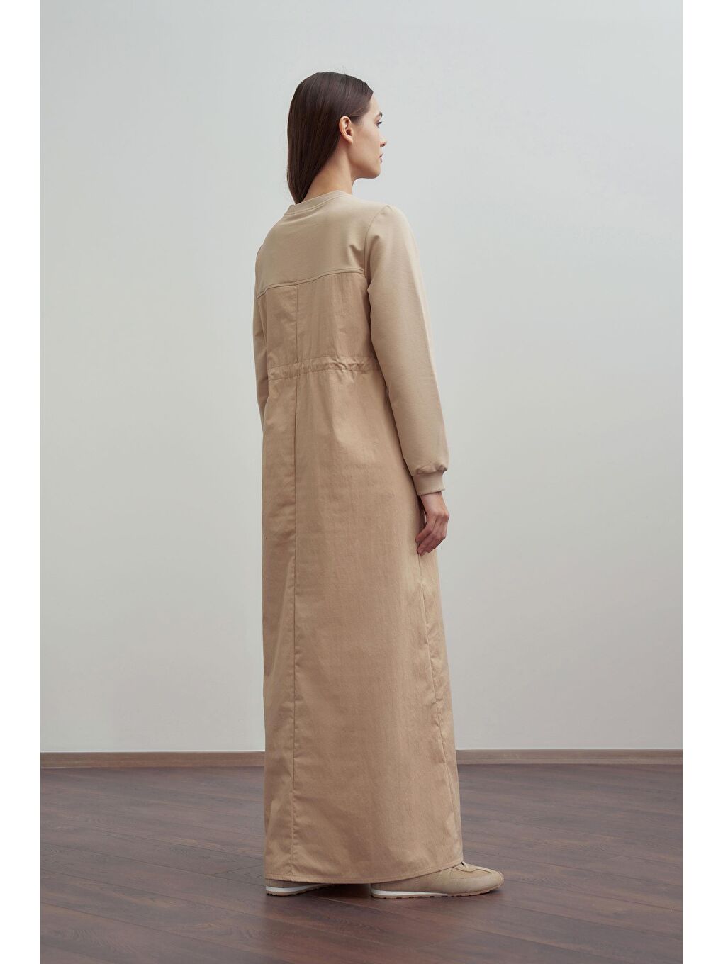 Bej-Lastikli Bel Ayarlı Elbise-2