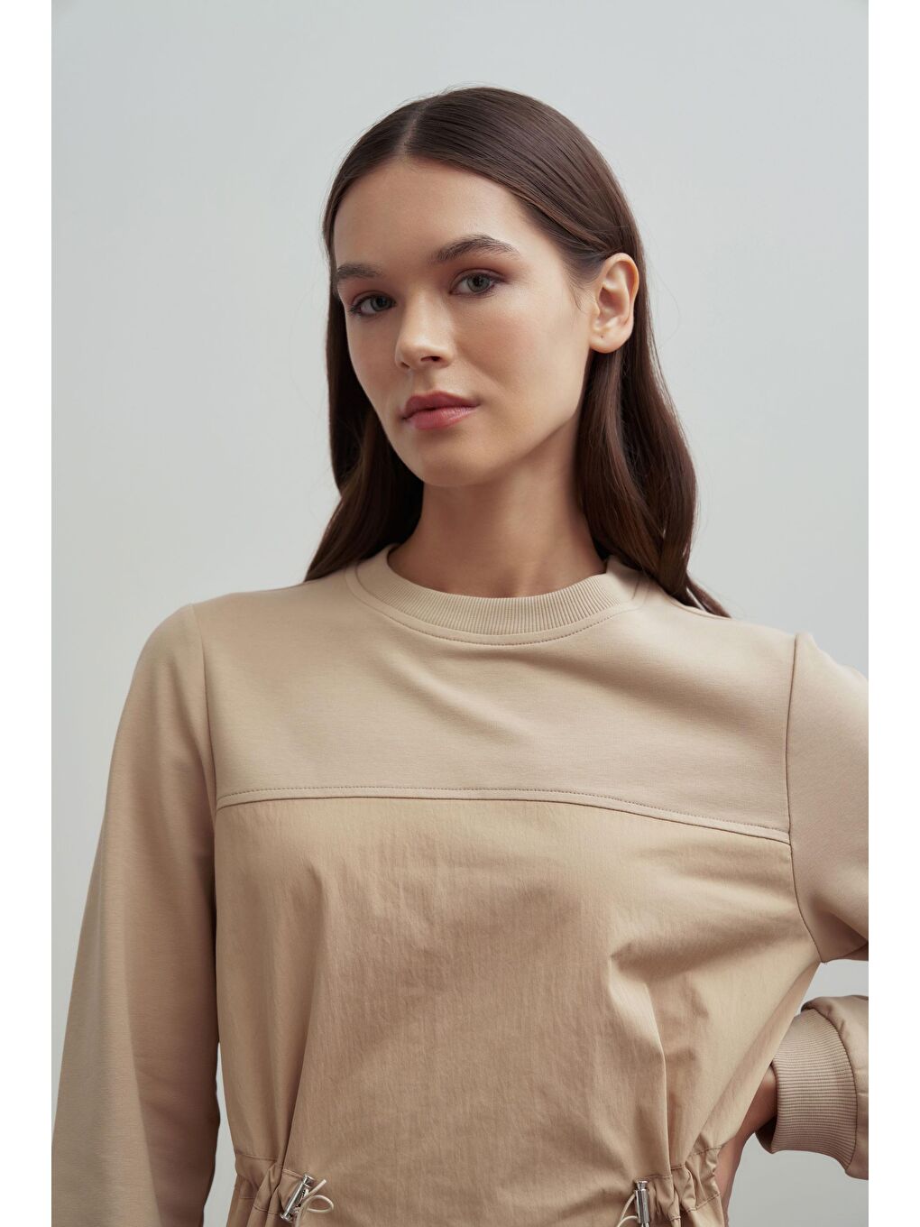 Bej-Lastikli Bel Ayarlı Elbise-3