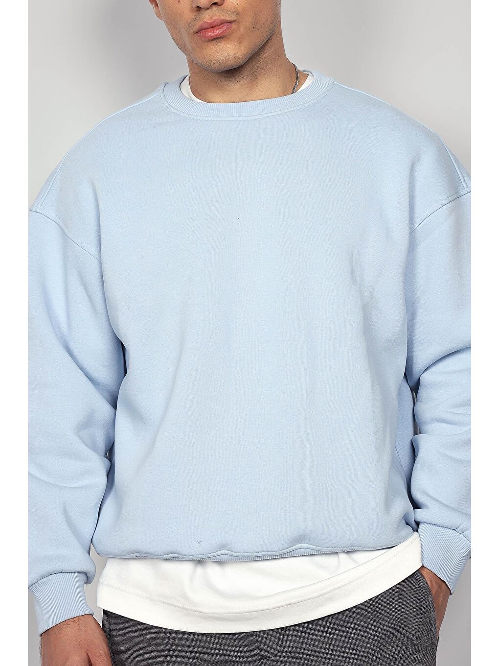 Erkek Oversize Bisiklet Yaka Basic Sweatshirt Açık Mavi-3