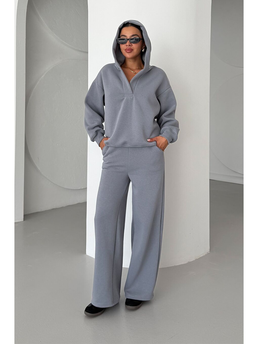Gri Kadın Füme Patlı Yaka Kapüşonlu 3 İplik Eşofman Takımı-6