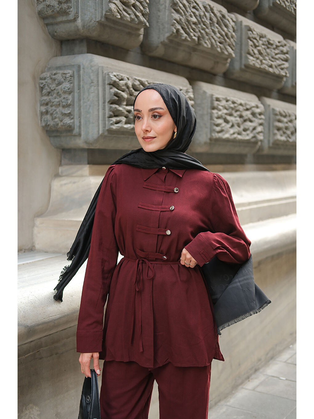 Kadın Düğme Detay Takım Bordo-1