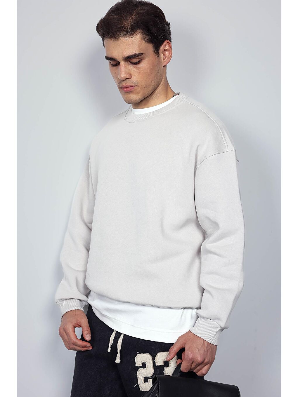 Erkek Oversize Bisiklet Yaka Basic Sweatshirt Gri-1