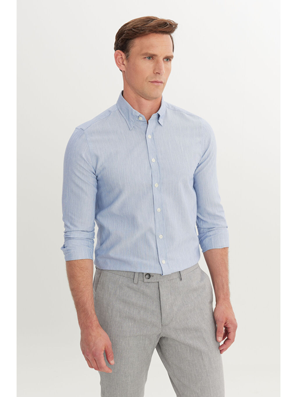 Erkek Mavi Pamuklu Comfort Fit Rahat Kesim Gizli Düğmeli Yaka Armürlü Gömlek
