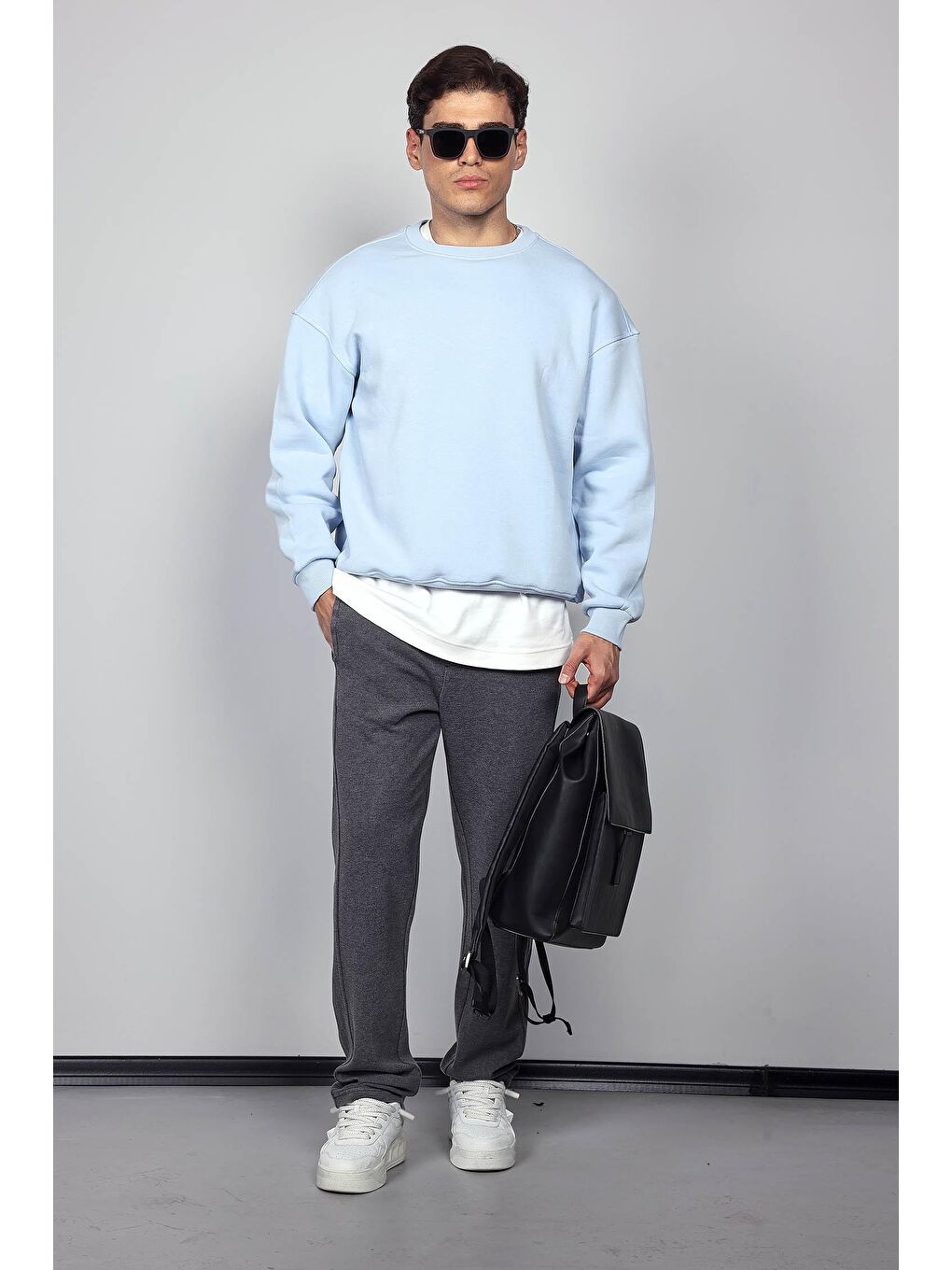Erkek Oversize Bisiklet Yaka Basic Sweatshirt Açık Mavi-5
