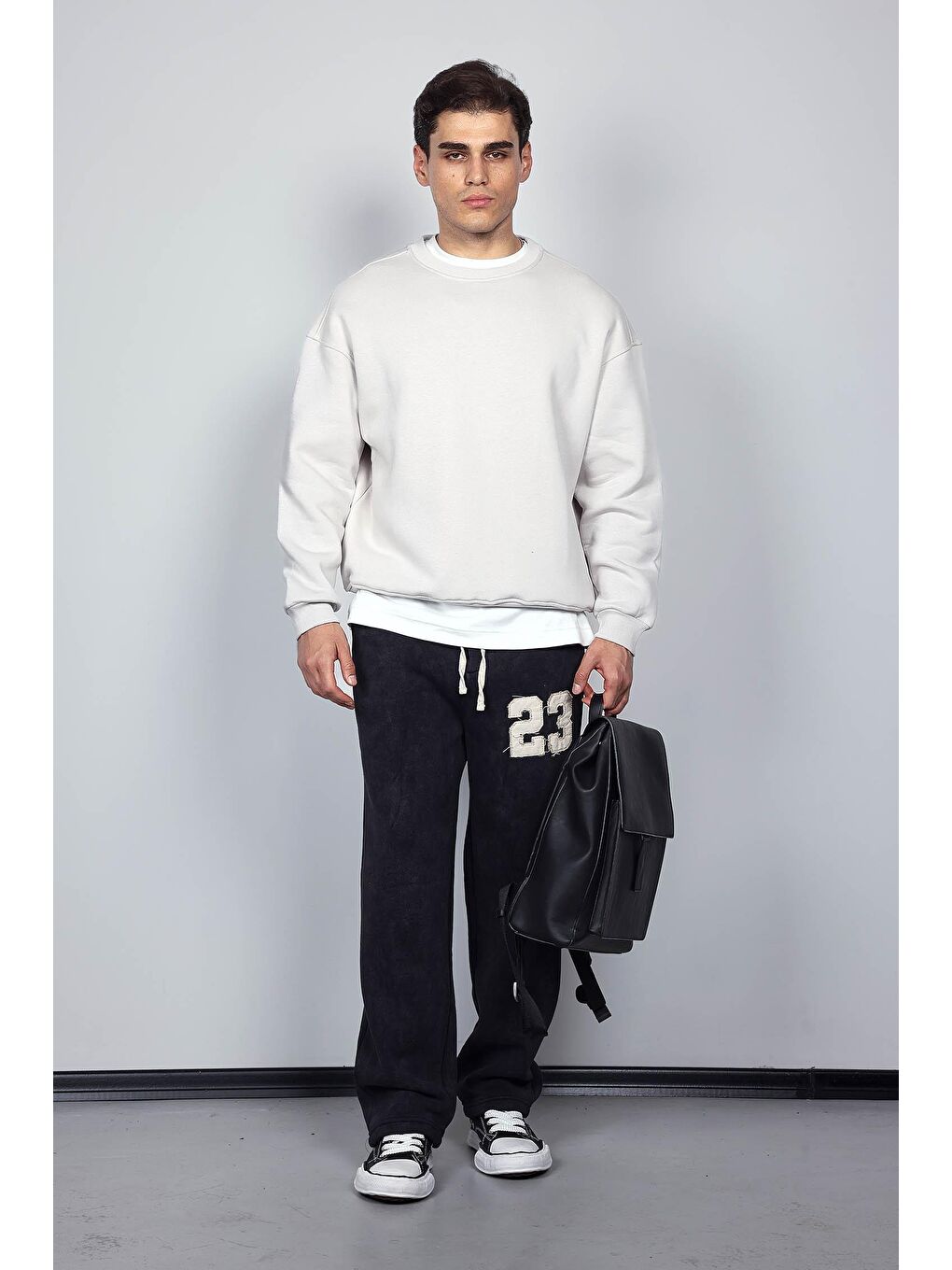 Erkek Oversize Bisiklet Yaka Basic Sweatshirt Gri-2