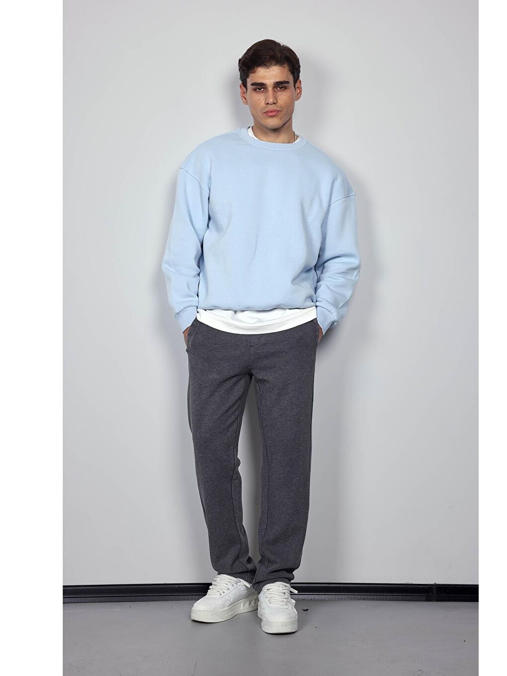 Erkek Oversize Bisiklet Yaka Basic Sweatshirt Açık Mavi-6